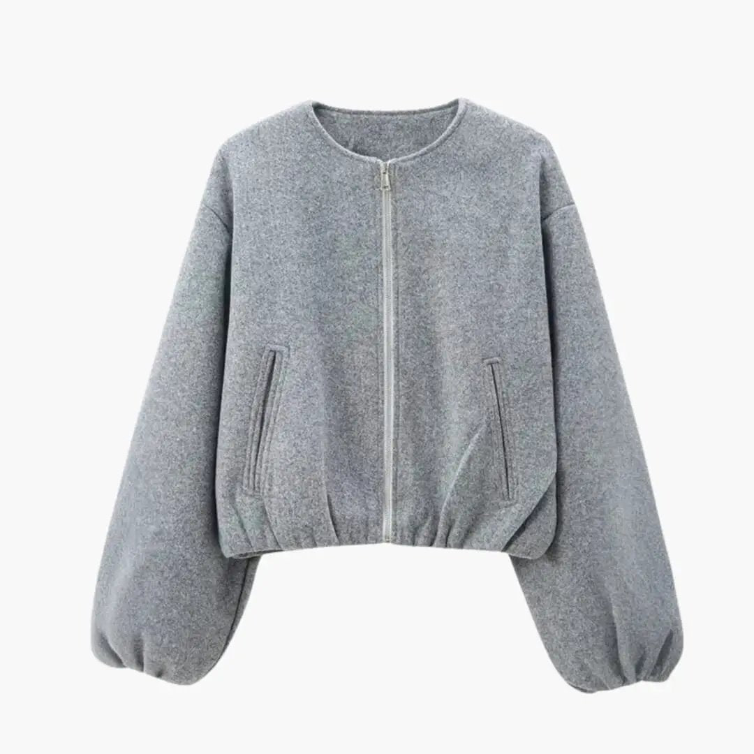 Women’s cropped bomber jacket with balloon sleeves and front zip in heather grey