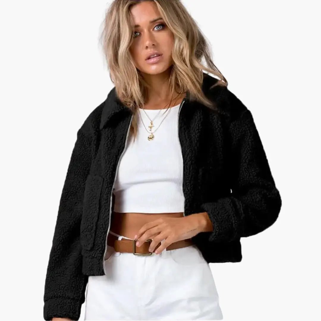 Women’s cropped bomber jacket with fleece surface and zip front in black