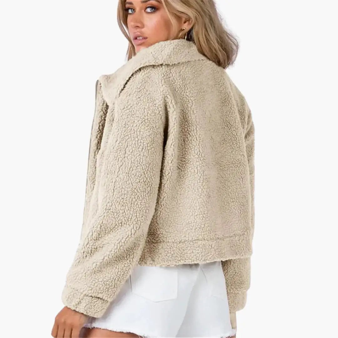 Women’s cropped fleece bomber jacket in beige with zip front by Wilfred Smith