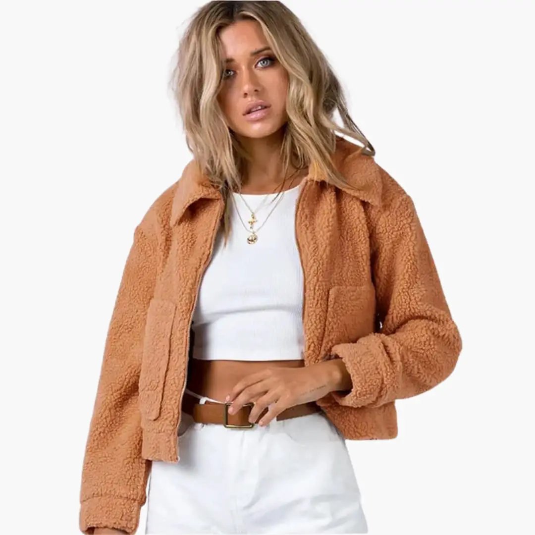 Women’s cropped bomber jacket with fleece surface in camel color, zip front by Wilfred Smith