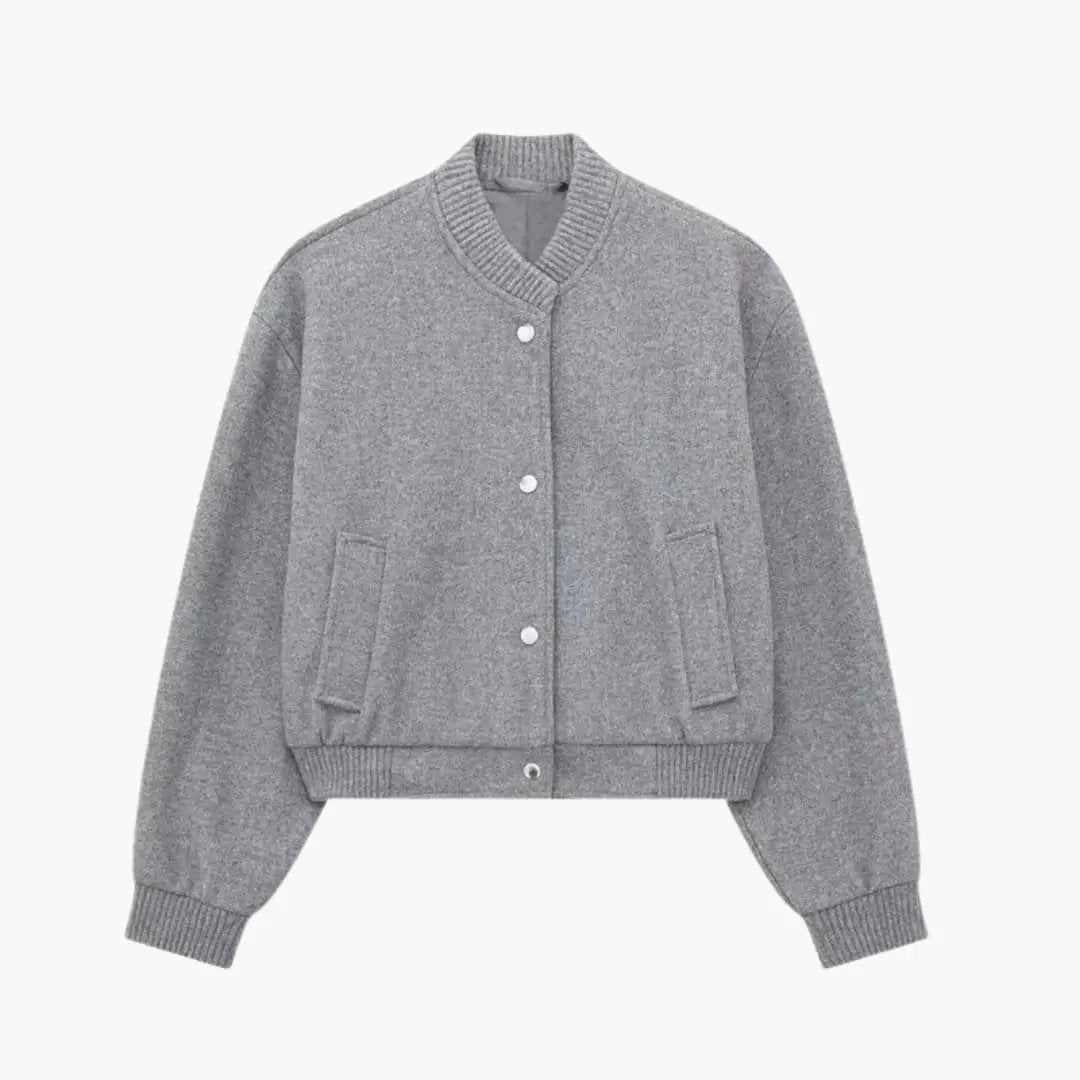 Women's cropped bomber jacket by Wilfred Smith in heather gray with front pockets and ribbed cuffs