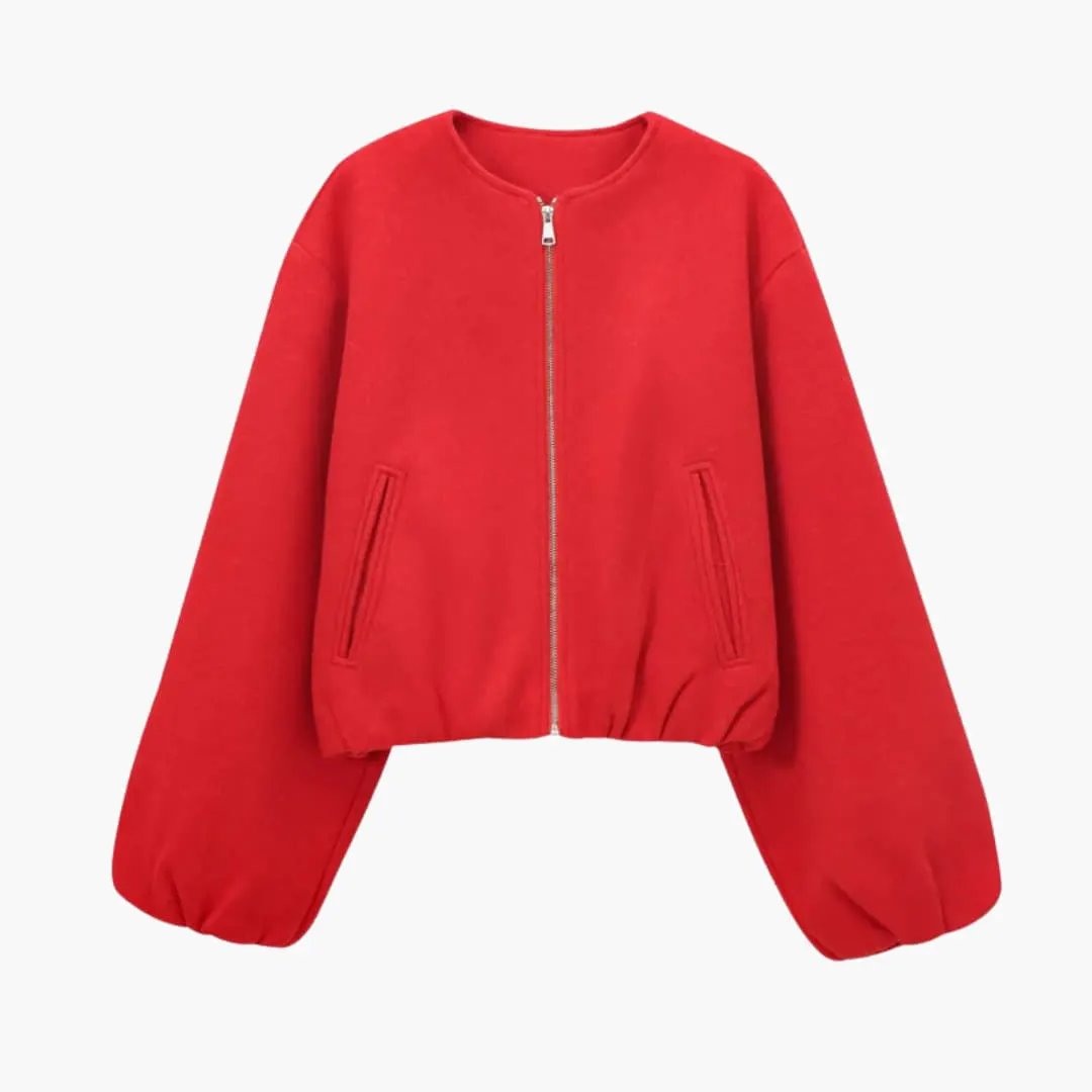 Women’s Cropped Bomber Jacket in red with front zipper and elastic waist by Wilfred Smith
