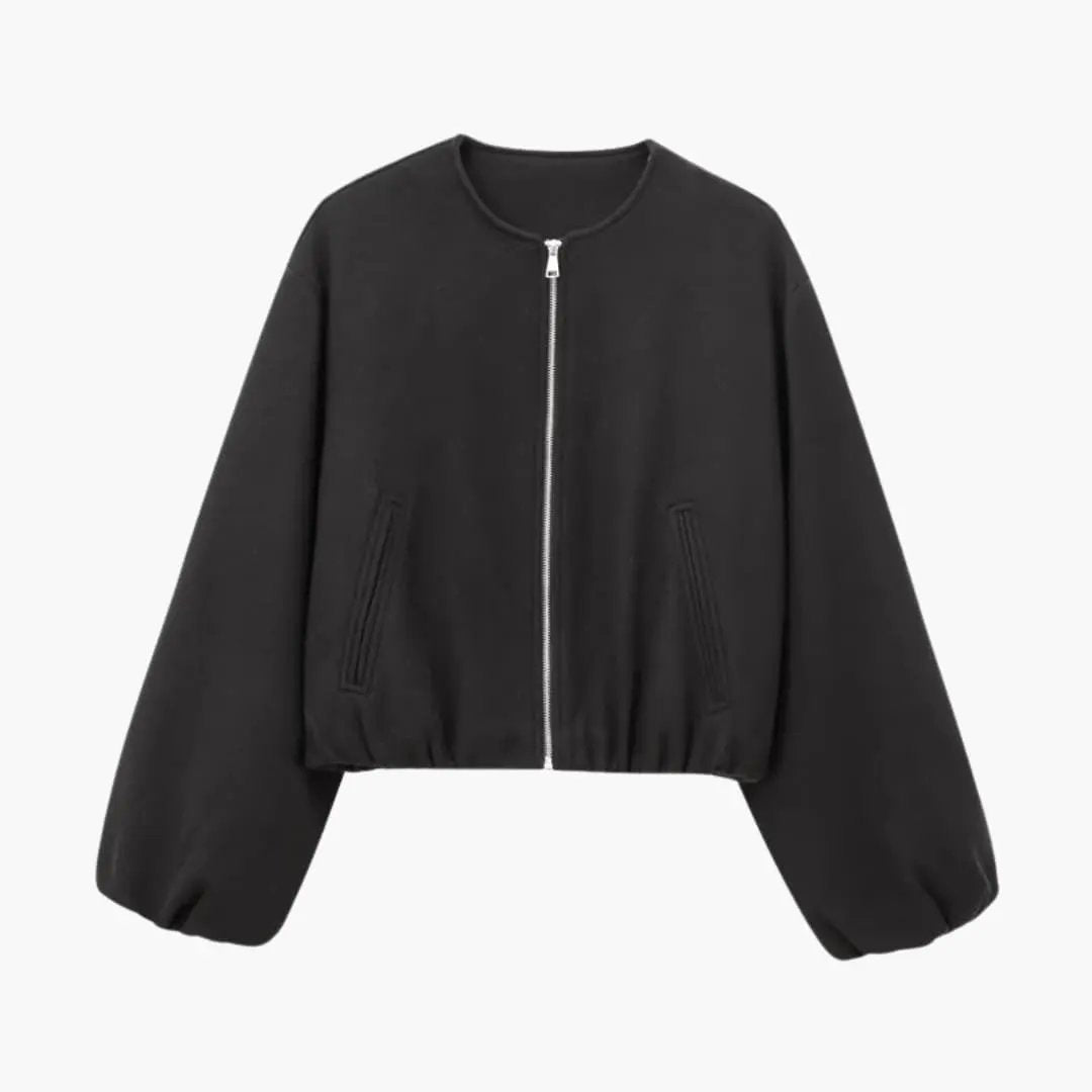 Women's cropped bomber jacket with zipper and elastic waist, black
