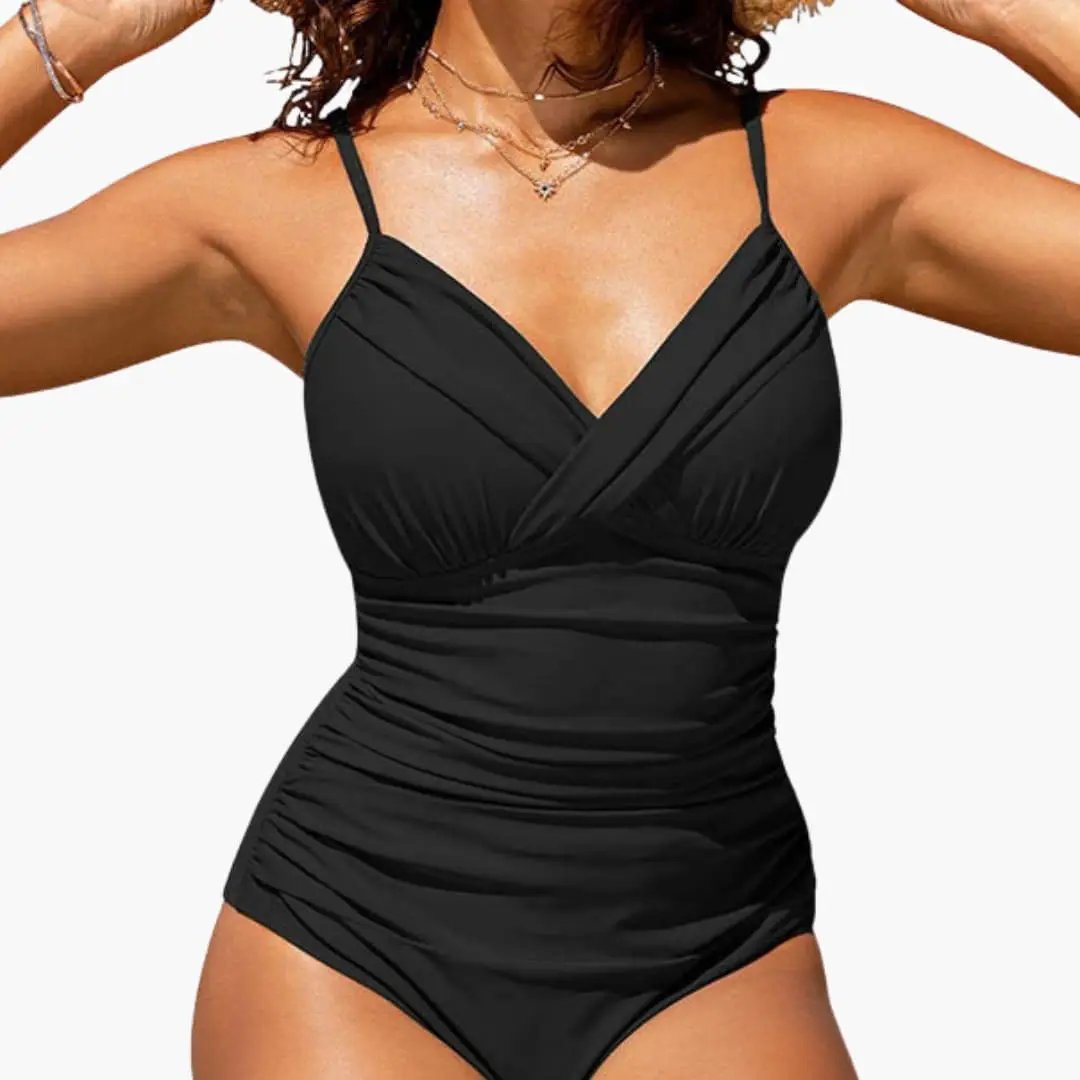 Women's cross-front backless one-piece swimsuit in black.