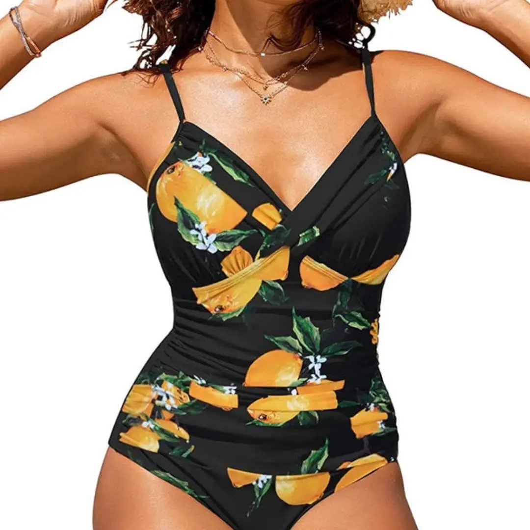 Women's Cross Front Backless One-Piece Swimsuit in black with yellow lemon floral print