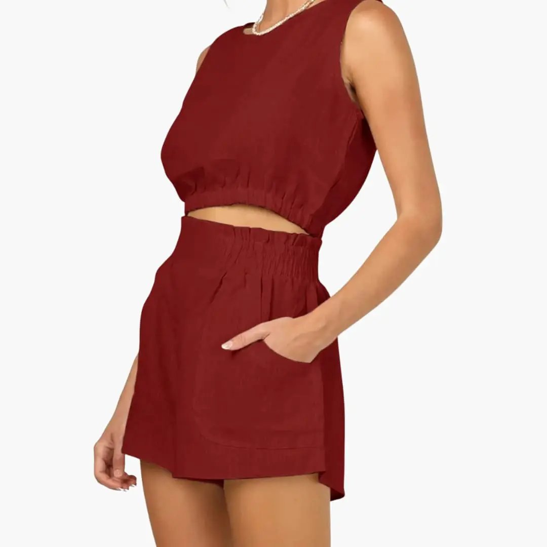 Women's drawstring-hem top and elastic waist shorts two-piece set in burgundy by Wilfred Smith