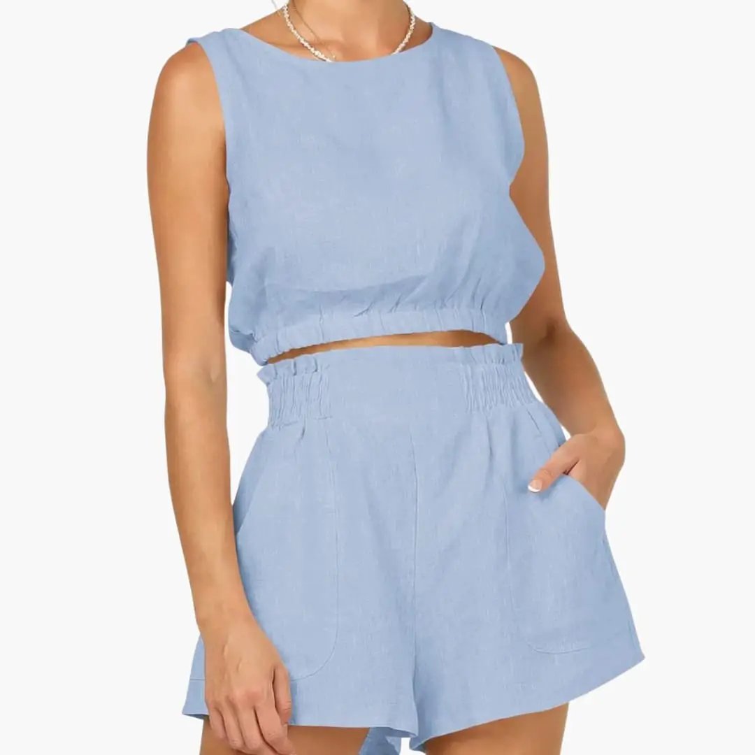 Women's light-blue two-piece set: drawstring-hem crop top and elastic-waist shorts by Wilfred Smith