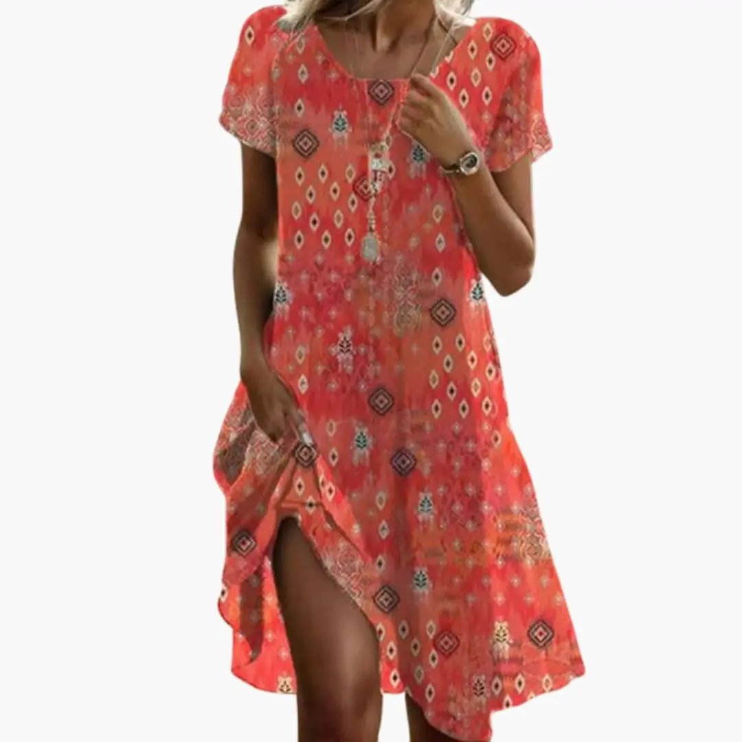 Women's coral-rose dress with short sleeves; boho geometric print, stretch fabric
