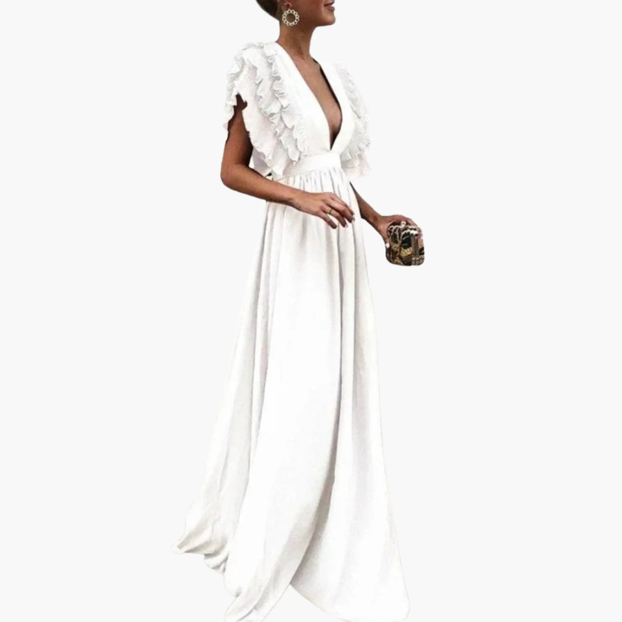 Women’s dress, white with ruffled shoulders and deep V-neck, mid-length.