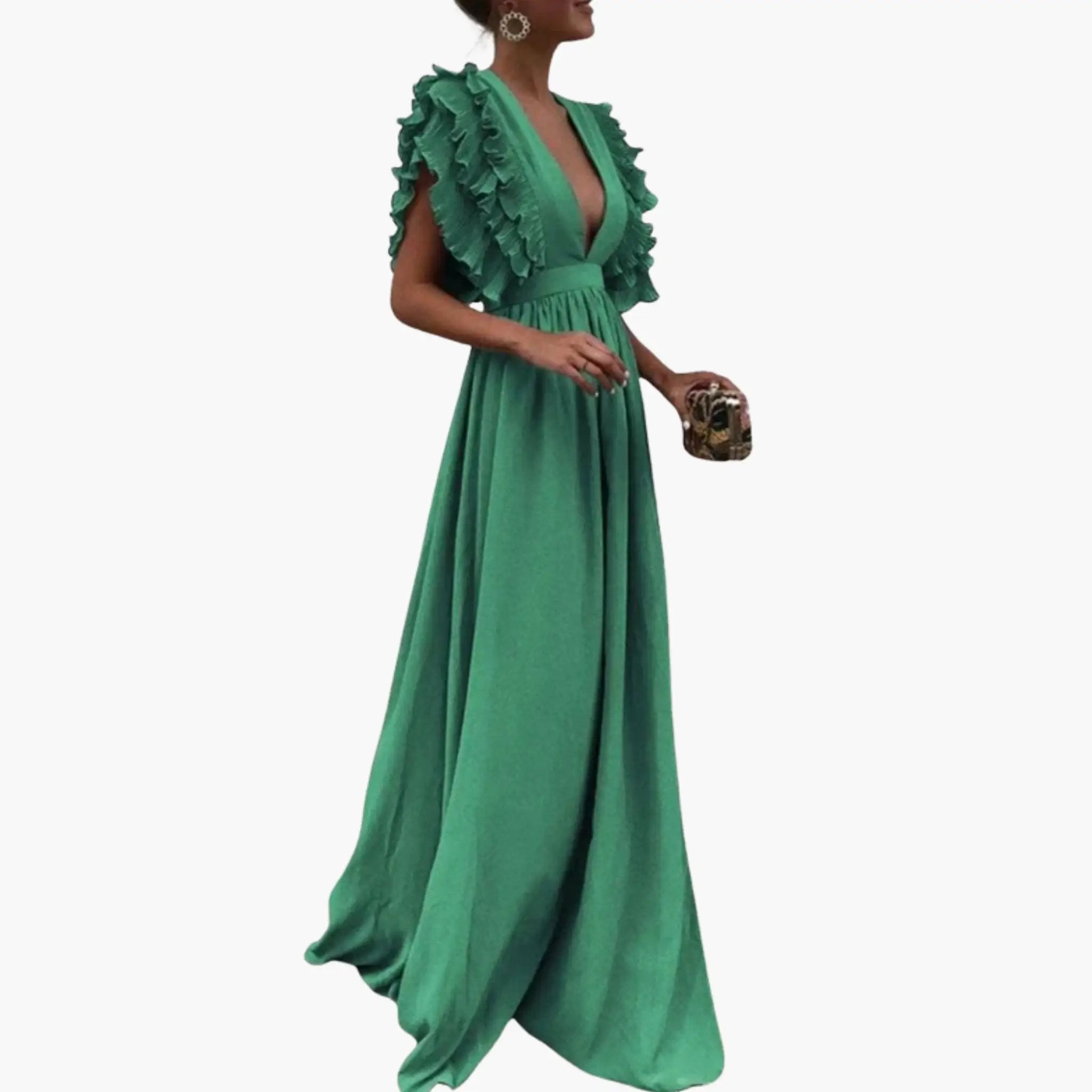 Women’s green mid-length woven dress with ruffled sleeves, V-neck, and cinched waist.