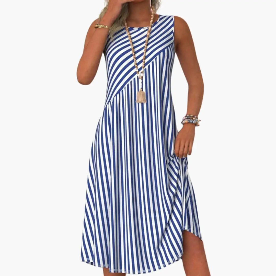Wilfred Smith women's sleeveless striped dress in blue and white, knee-length summer dress.