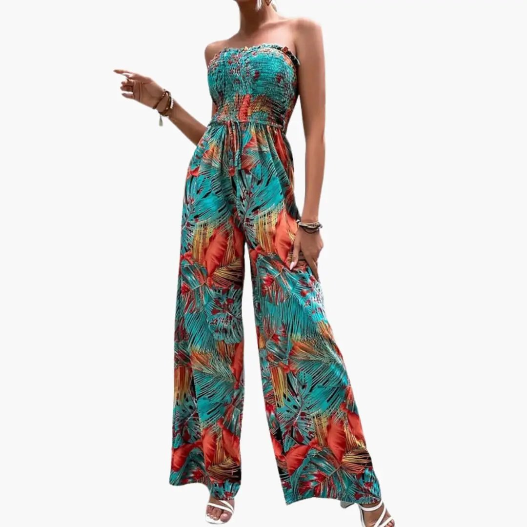 Women’s elastic-top wide-leg jumpsuit in tropical palm print (teal, coral) by Wilfred Smith.