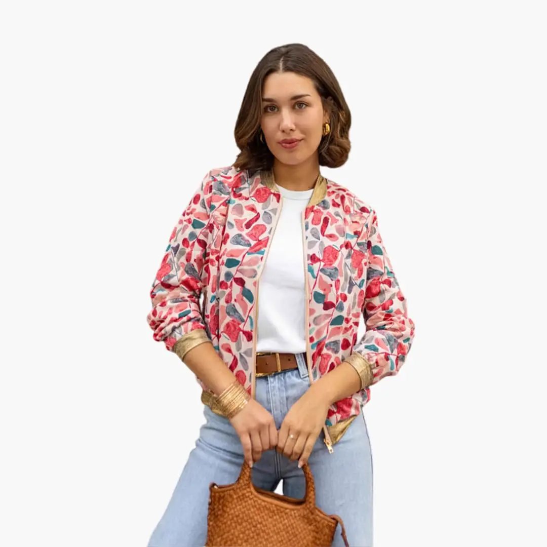 Women's Everyday Floral Bomber Jacket with Zip Closure, pink floral print with gold-tone cuffs