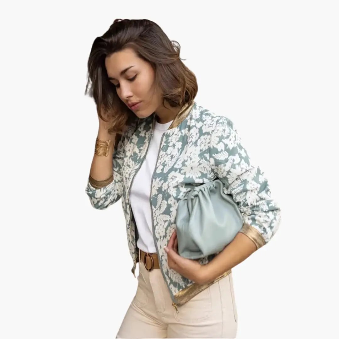 Women's Bomber Jacket by Wilfred Smith, teal floral print with zip closure.