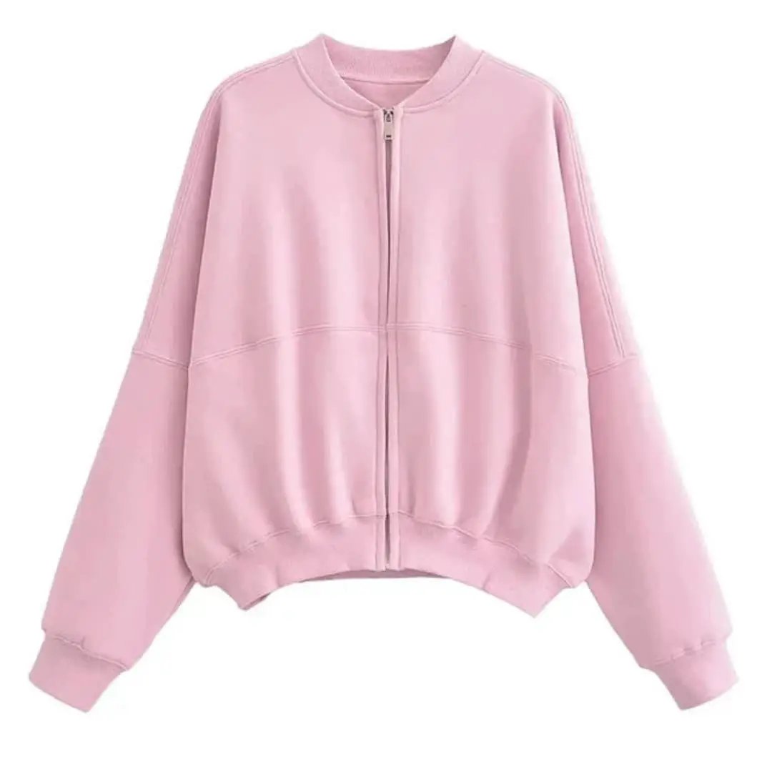 Women's pink fleece bomber jacket with zip front and ribbed cuffs and hem