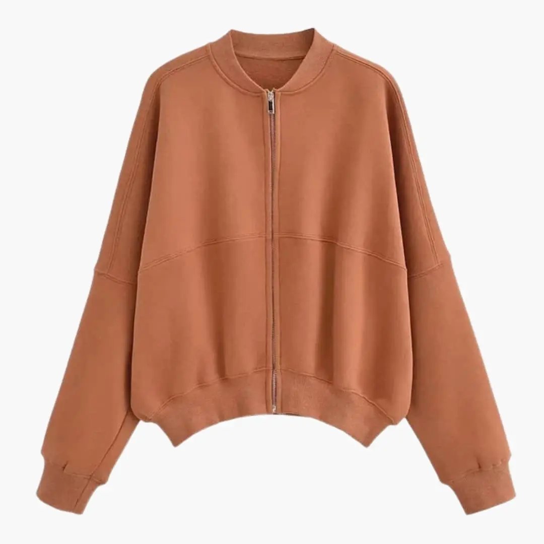 Women's fleece bomber jacket in rust orange by Wilfred Smith with zip front