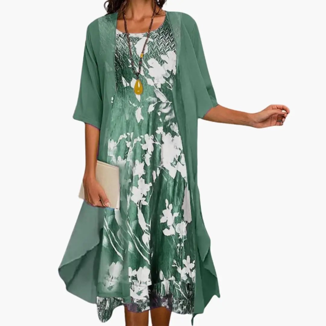 Women’s Floral Long Dress with Cardigan Set in green floral print