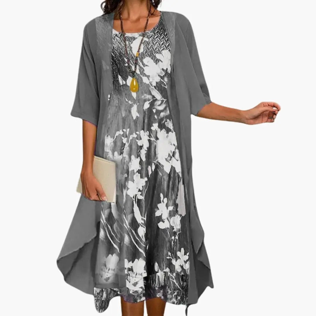 Women’s Floral Long Dress with Cardigan Set, two-piece gray cardigan over grayscale floral dress