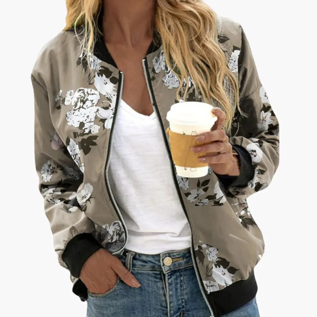 Women’s Floral Print Bomber Jacket by Wilfred Smith, taupe with white flowers, front zip, side pockets