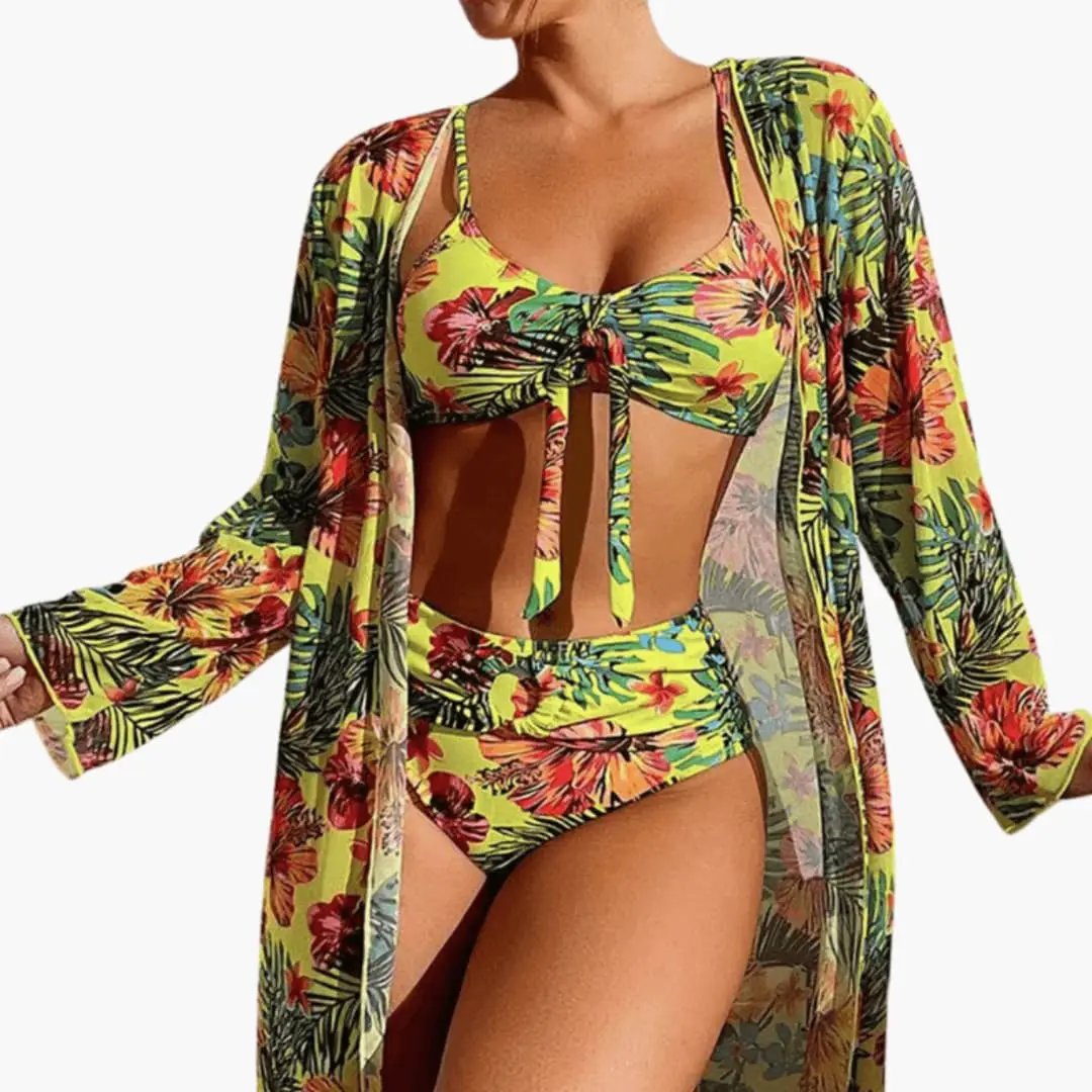 Women's three-piece floral bikini set with matching sheer cover-up in yellow-green tropical print by Wilfred Smith