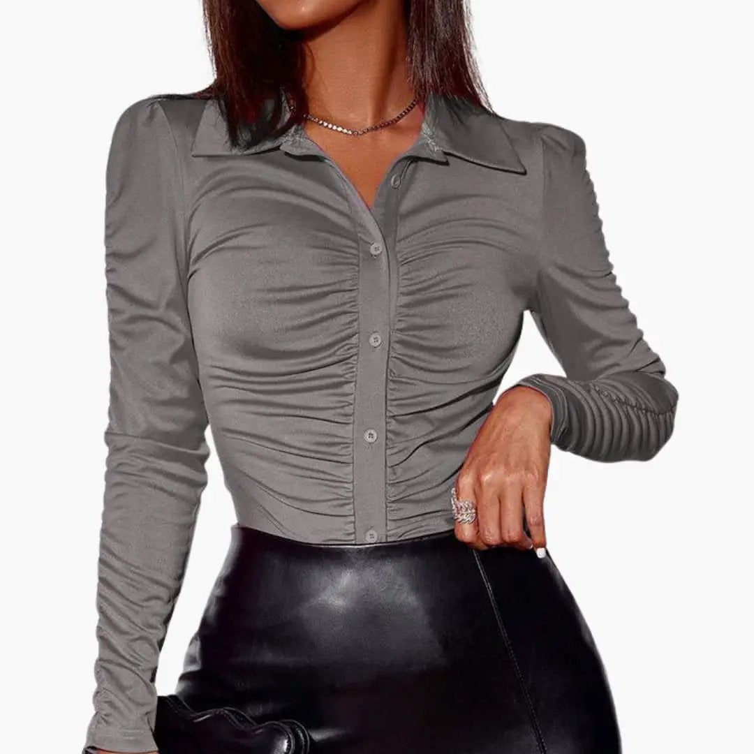 Women's Gathered Front Button-Placket Blouse - grey long-sleeve stretch woven top by Wilfred Smith