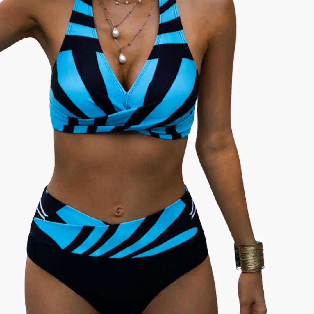 Women’s halter bikini set in blue and black geometric stripes, two-piece with adjustable tie closures