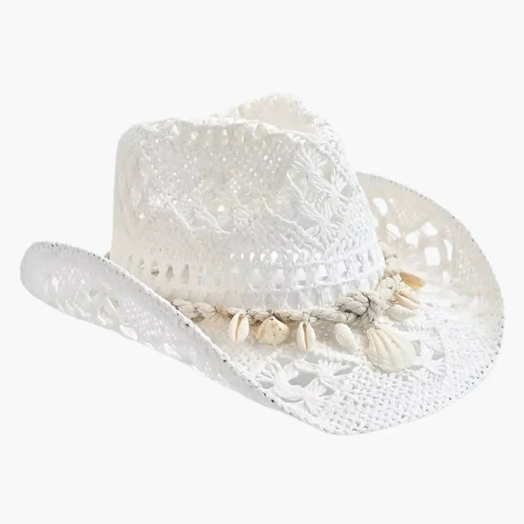 Women's wide-brim cowboy hat, white crochet straw with shell-embellished adjustable ribbon.