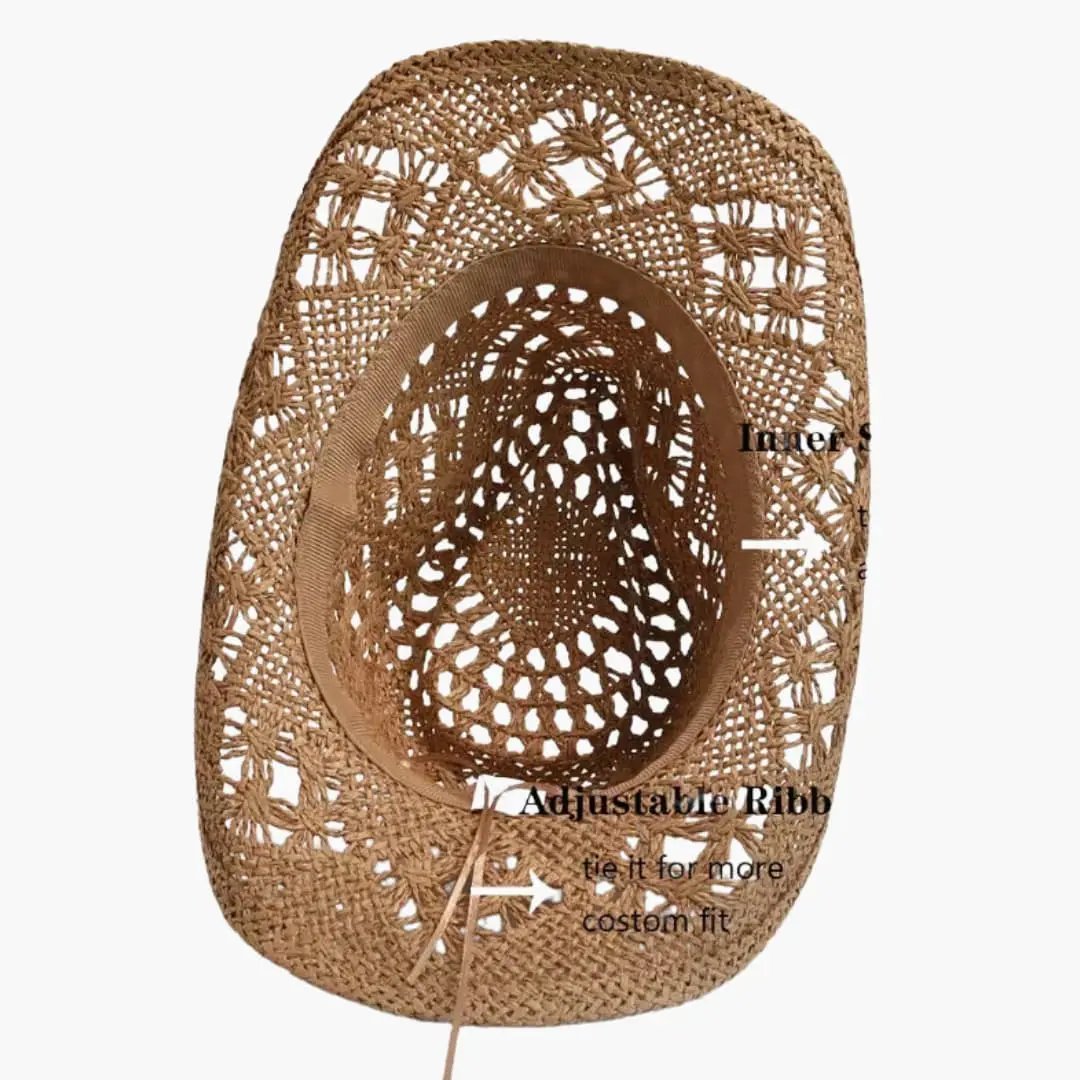 Women's cowboy hat by Wilfred Smith, natural beige wide-brim straw crochet with adjustable ribbon.