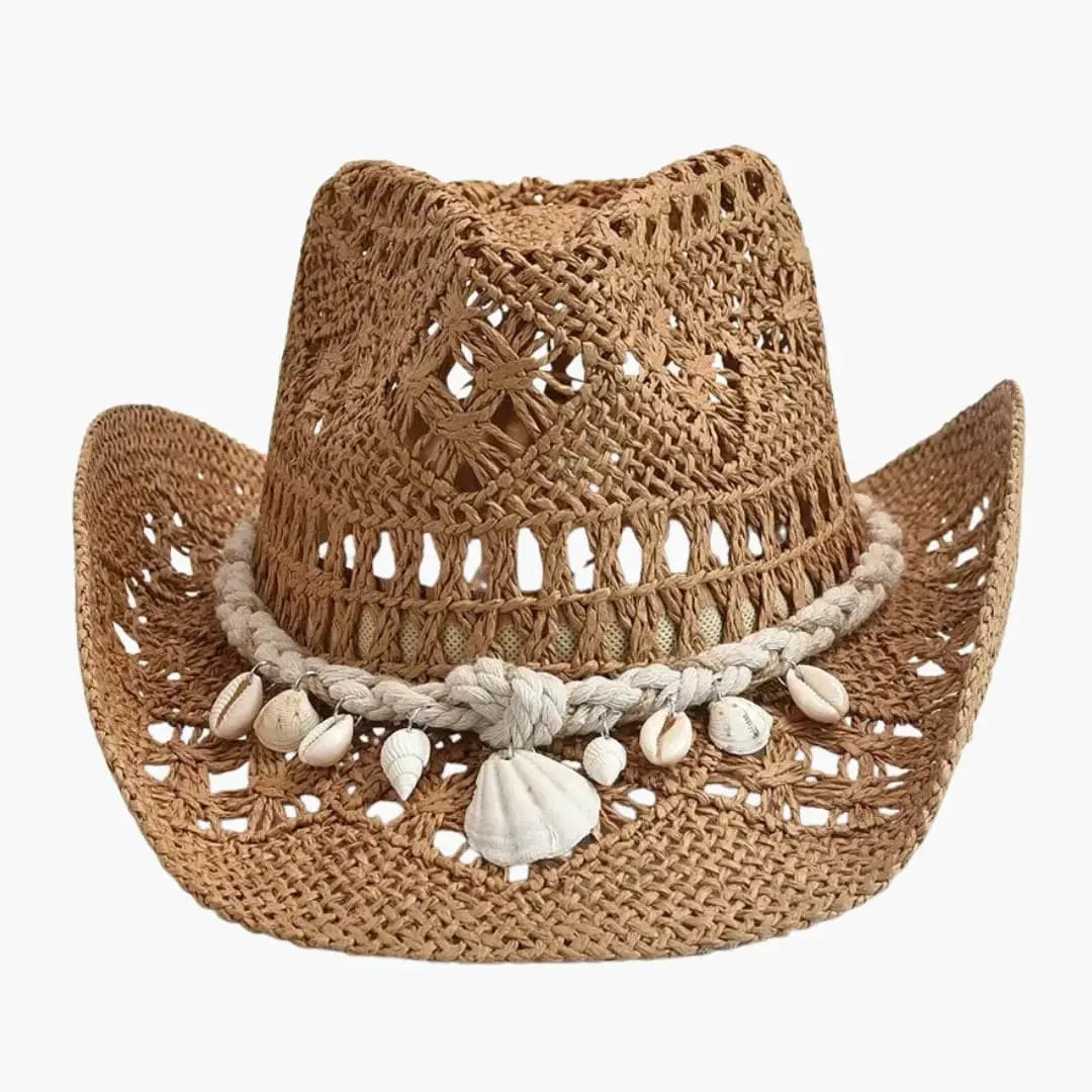 Women's straw cowboy hat with a wide brim and shell-trimmed braided band.