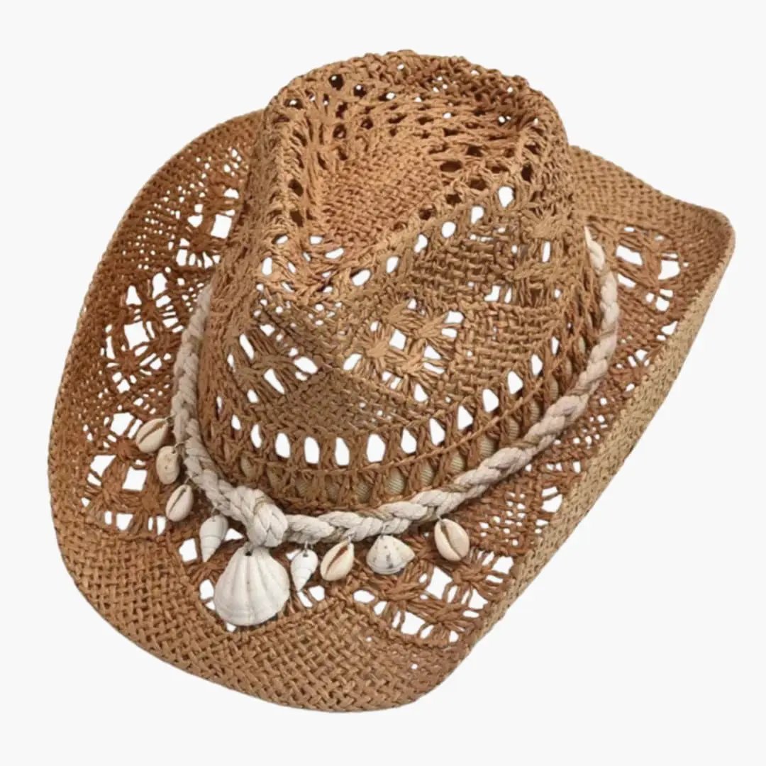 Women's wide-brim straw cowboy hat by Wilfred Smith with adjustable ribbon and shell trim.