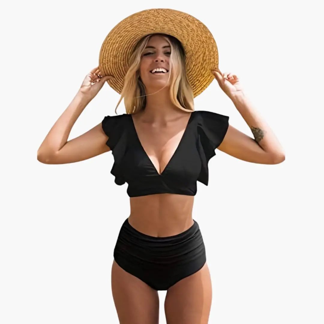 Women's bikini set, black high-waisted bottoms with V-neck top and ruffled sleeves, classic bikinis