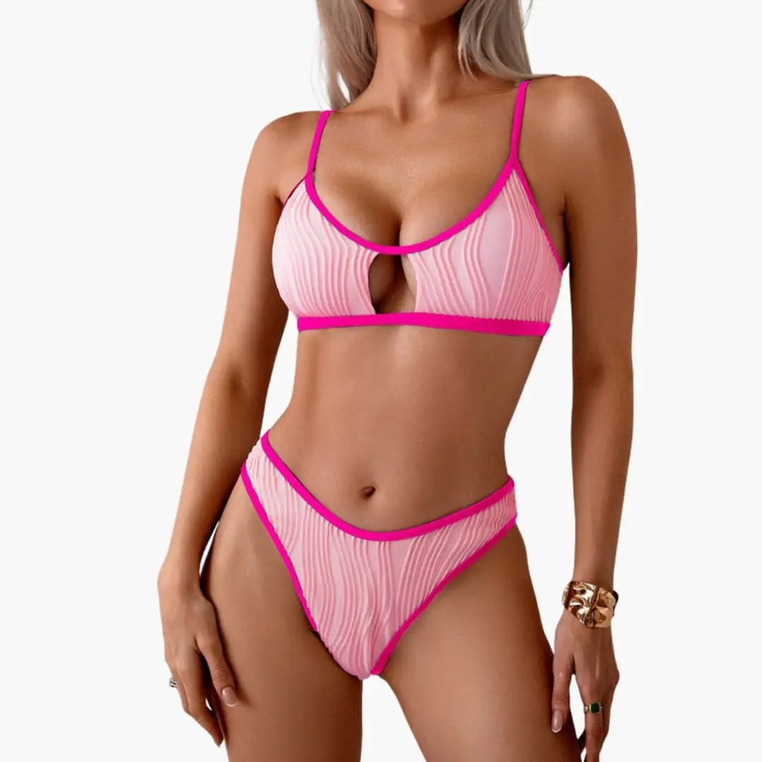 Women's high-waisted bikini set with sling strap top in pink ribbed fabric with hot pink trim