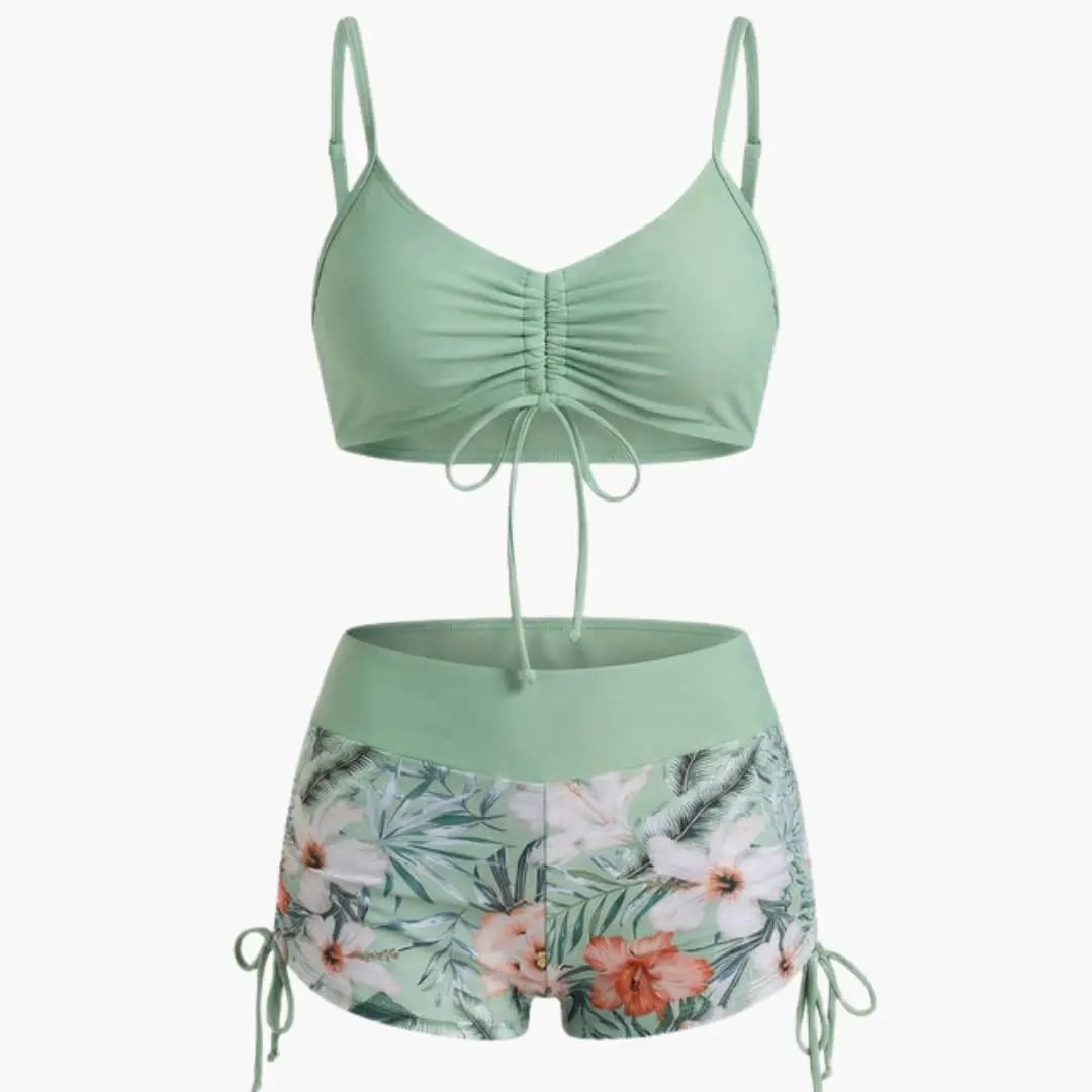 Women's High-Waisted Floral Two-Piece Bikini Set with mint-green top and tropical floral shorts