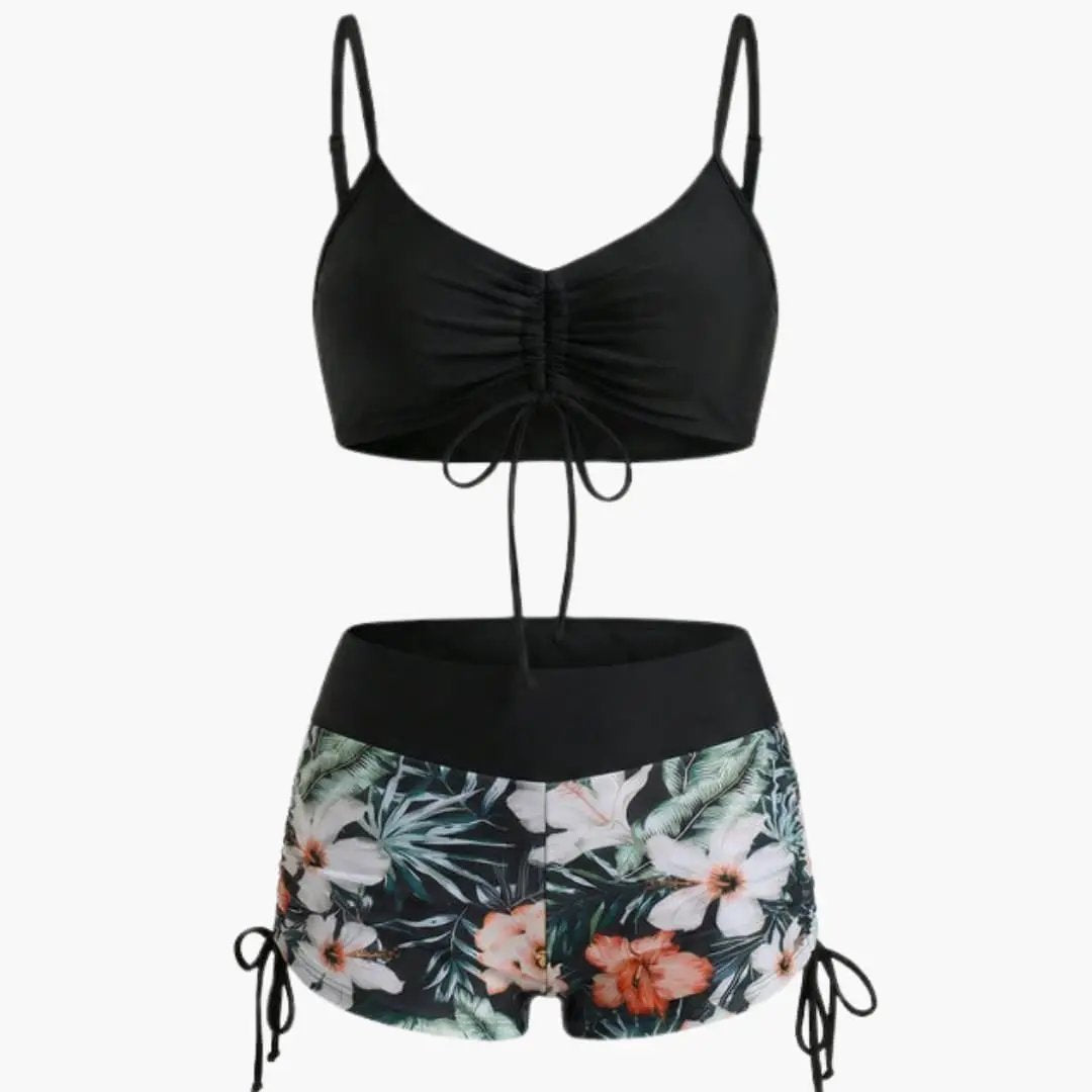Women’s High-Waisted Floral Two-Piece Bikini Set by Wilfred Smith, black ruched top with tropical-print bottoms