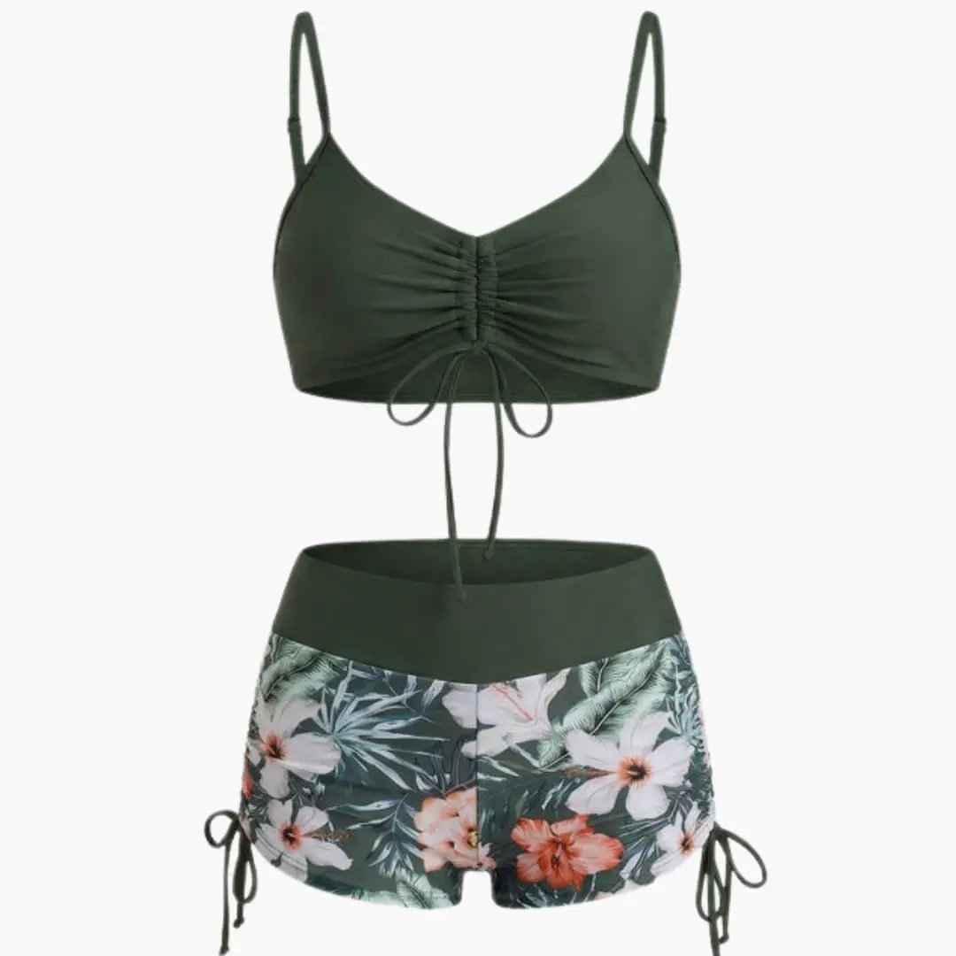 Women’s High-Waisted Floral Two-Piece Bikini Set with olive-green ruched top and floral-print bottoms