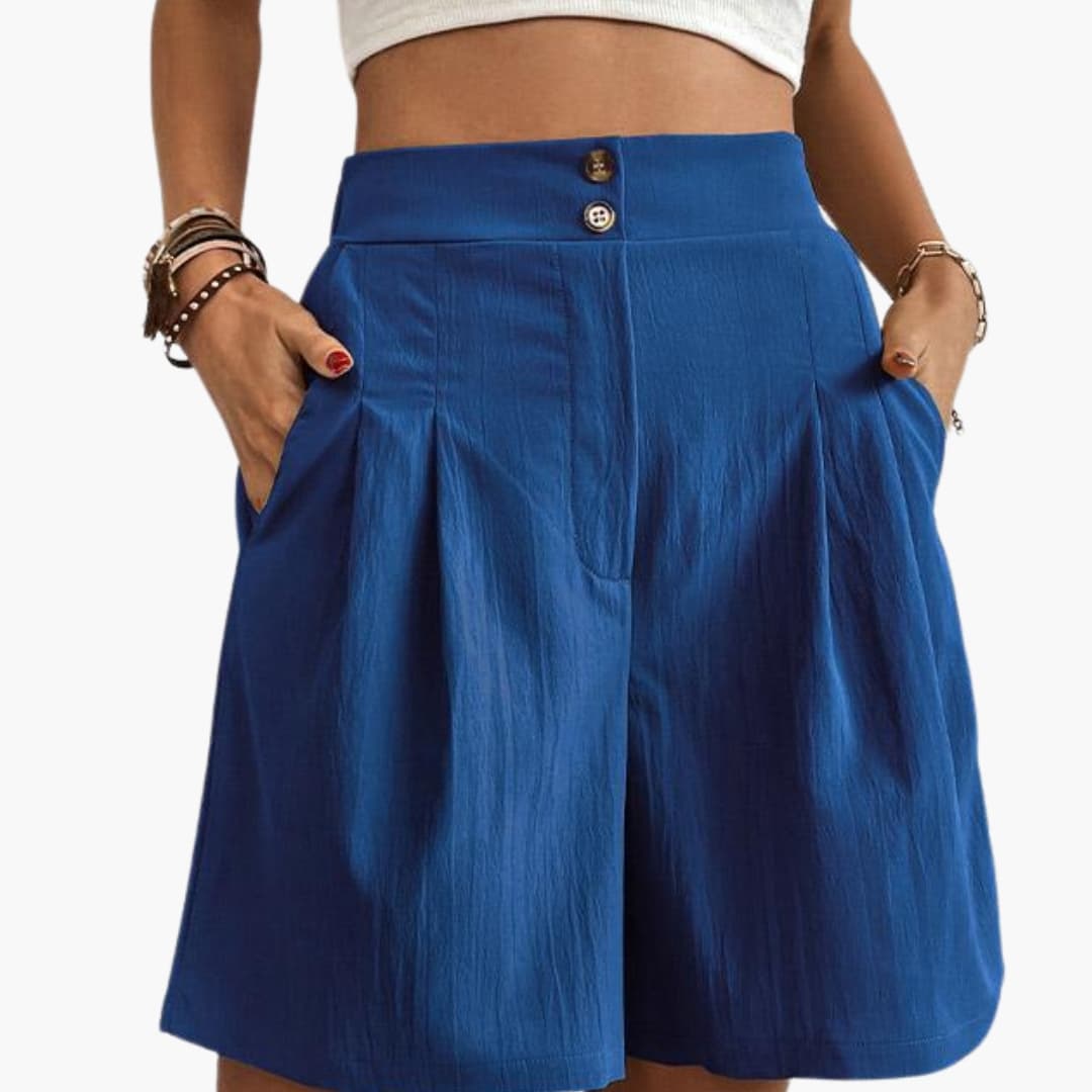 Women's high-rise wide-leg shorts with side pockets in royal blue by Wilfred Smith.