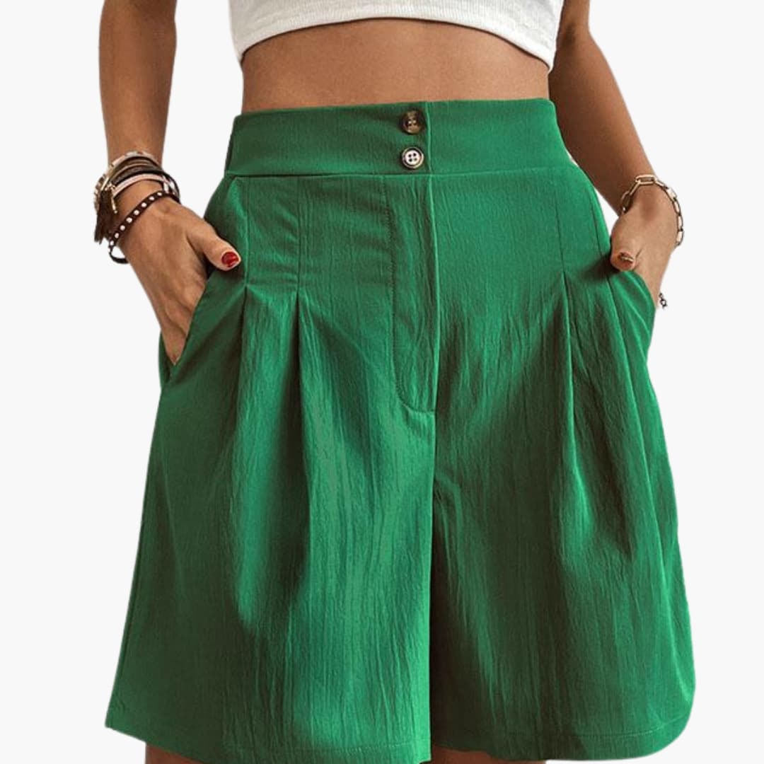 Women's high-rise wide-leg green shorts with side pockets