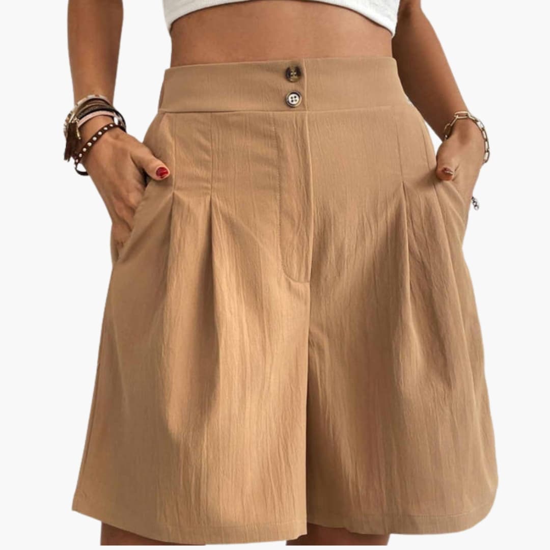 Women's High-Rise Wide-Leg Shorts with Side Pockets in tan by Wilfred Smith.