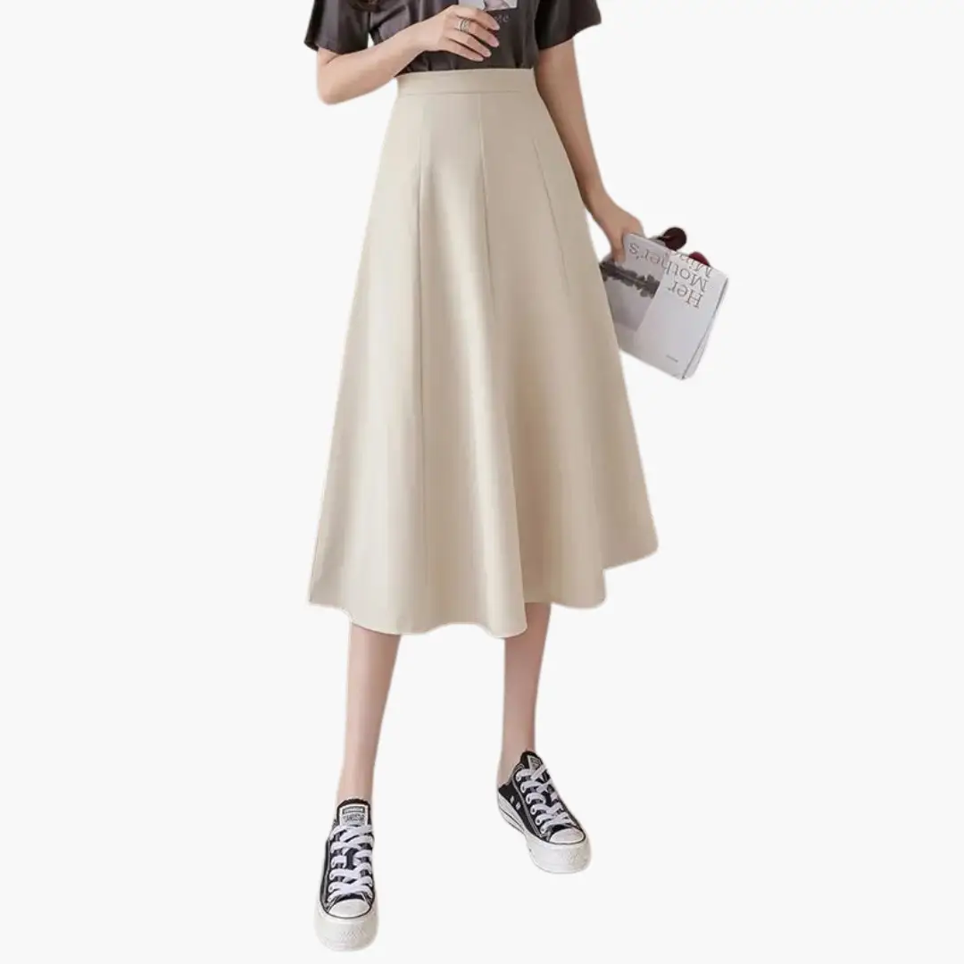 Women's high-waist A-line midi skirt in beige with a flowing silhouette.