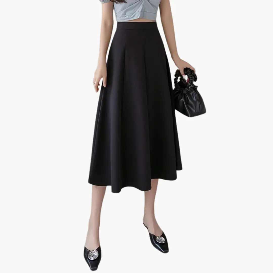 Women's High Waist A-Line Midi Skirt in black, mid-calf length.