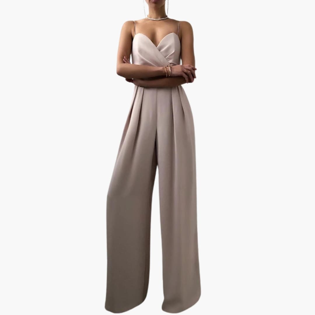 Women's high-waist jumpsuit with spaghetti straps in taupe, wide-leg silhouette