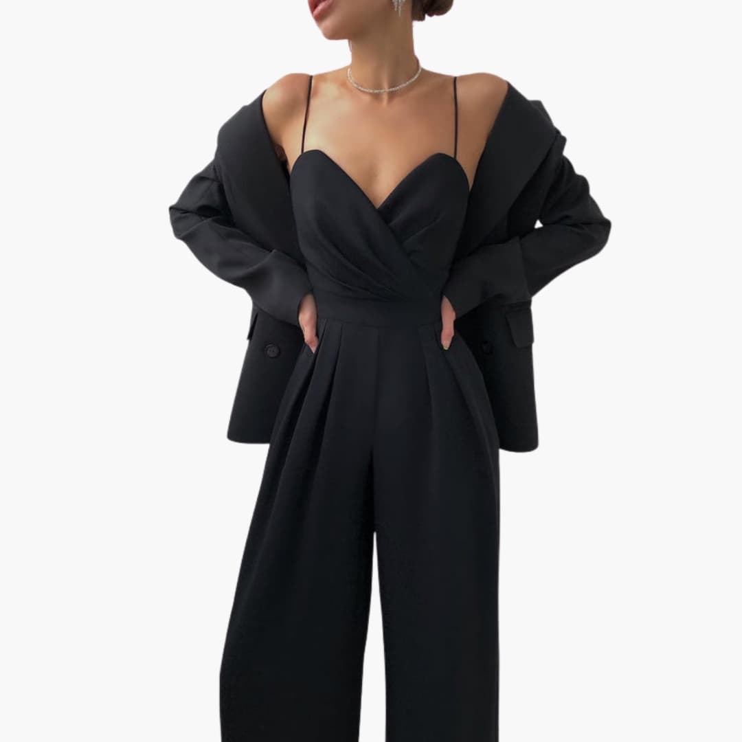 Women’s black high-waist jumpsuit with spaghetti straps; two-piece outfit with blazer.
