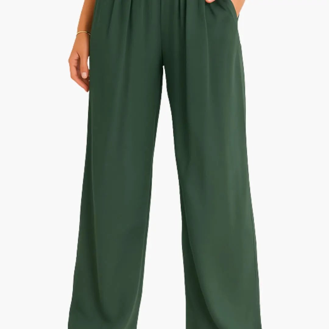 Women's high waist pants with elastic band and wide-leg in forest green