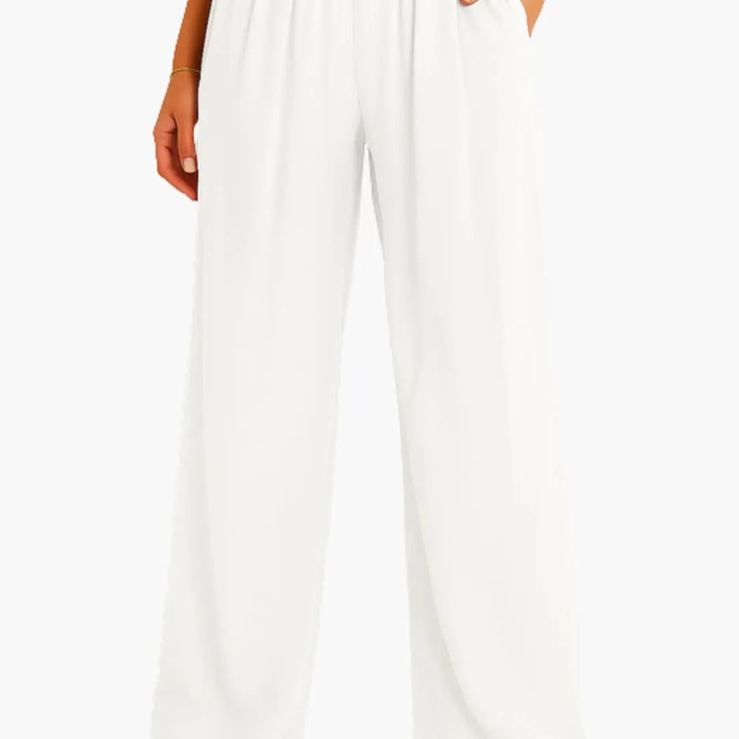Women's high-waist, wide-leg trousers in white with elastic waistband by Wilfred Smith