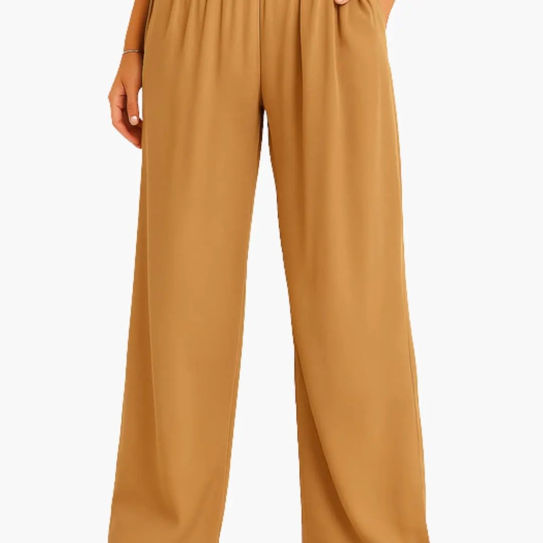 Wilfred Smith women's high-waist elastic-band wide-leg trousers in camel brown.