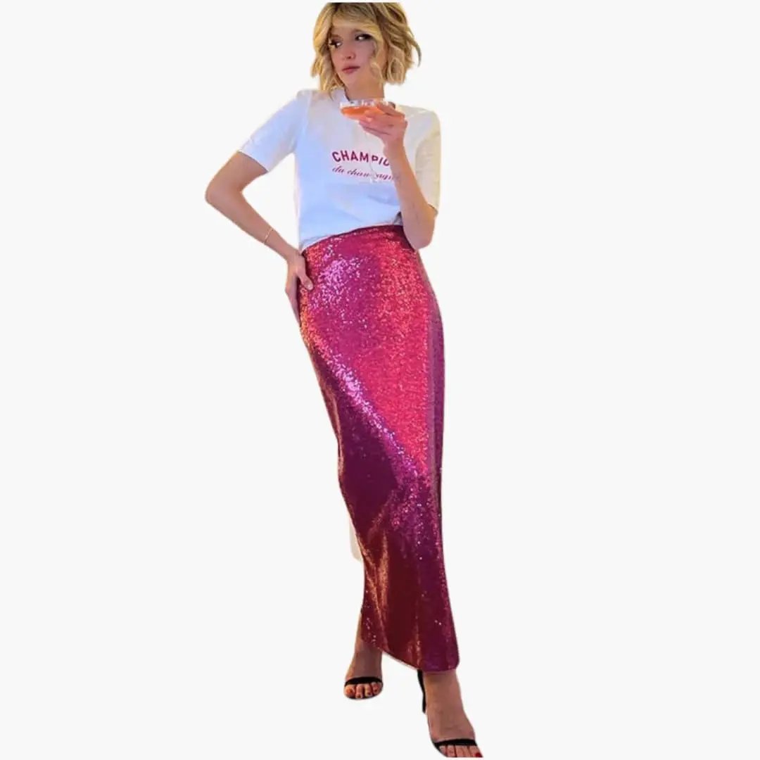 Women's High Waist Sequin Maxi Skirt by Wilfred Smith in pink-magenta sequins