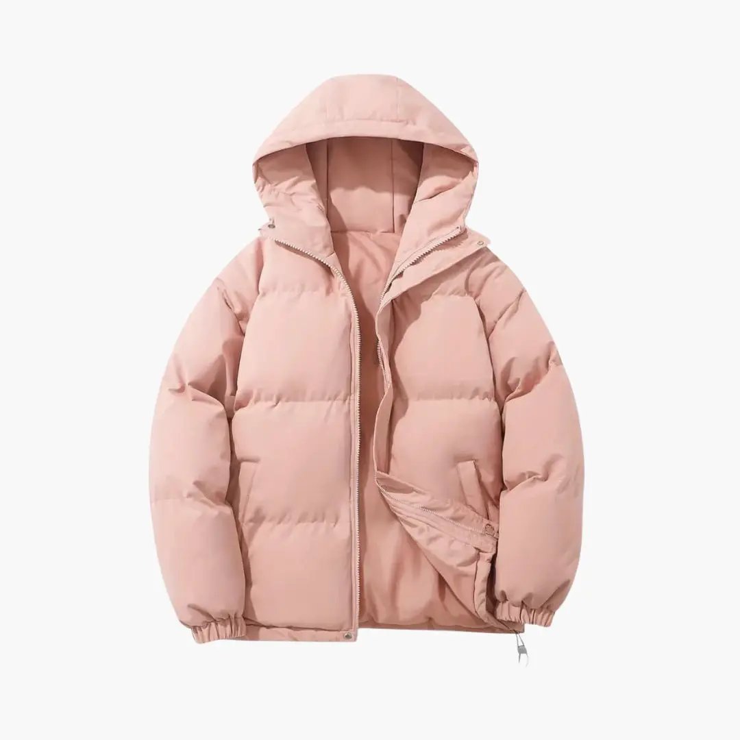 Women's pink puffer hooded jacket with zipper and exterior stitching