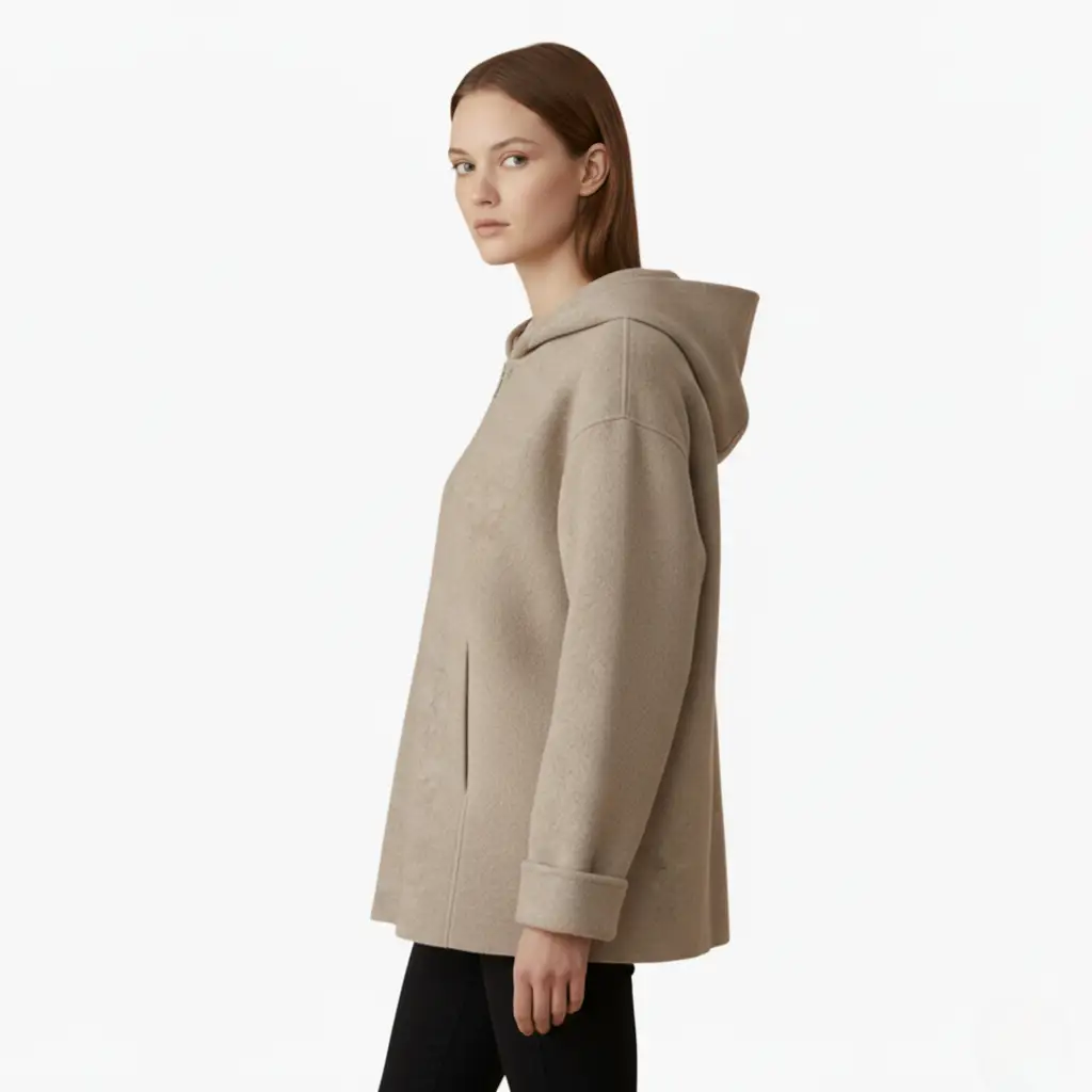 Women's Hooded Jacket by Wilfred Smith, beige wrap coat with zipper and pockets