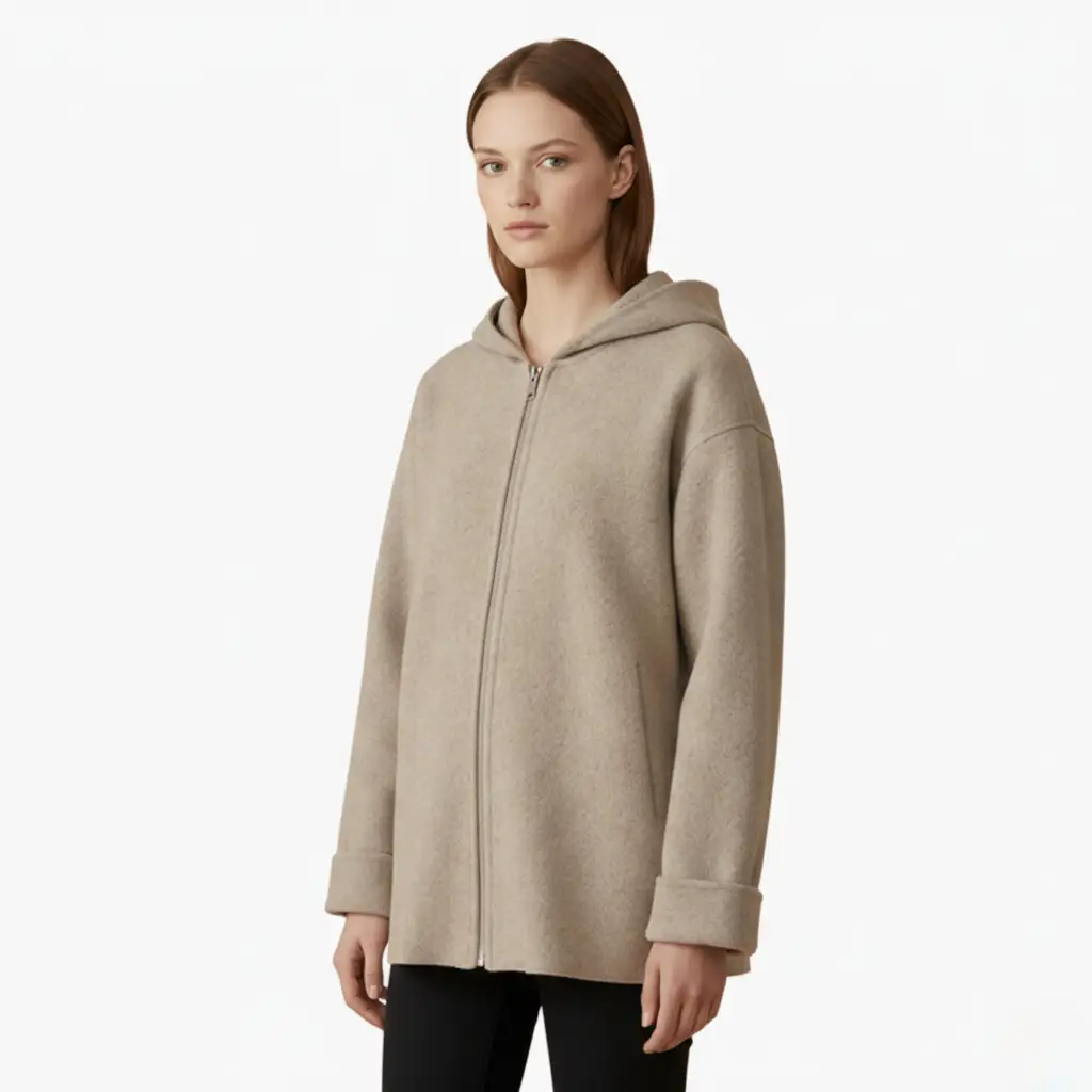 Women’s Hooded Jacket in beige with front zipper, long sleeves, wrap-coat style