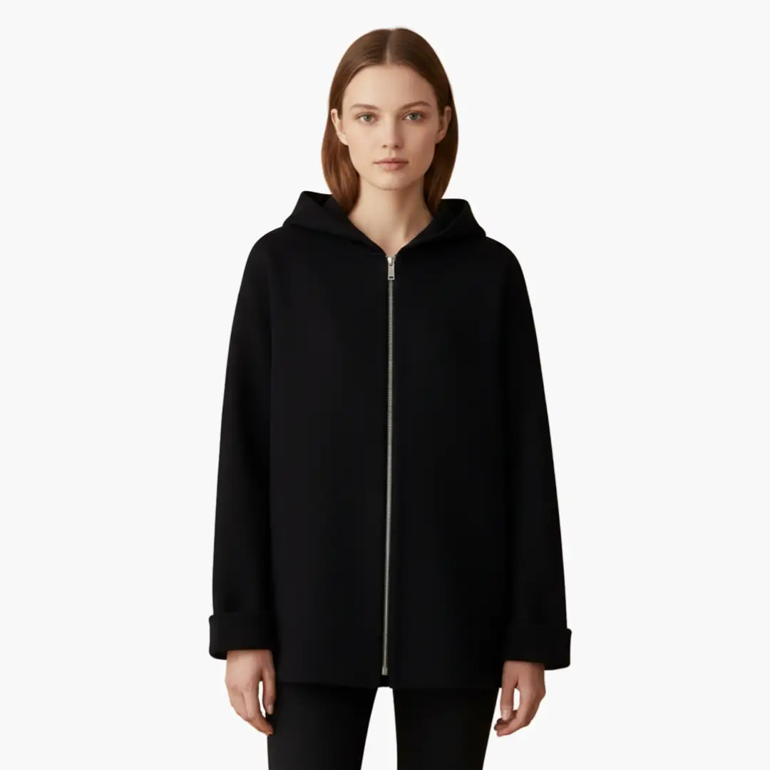Women’s Hooded Jacket by Wilfred Smith in black with zip-front and pockets.